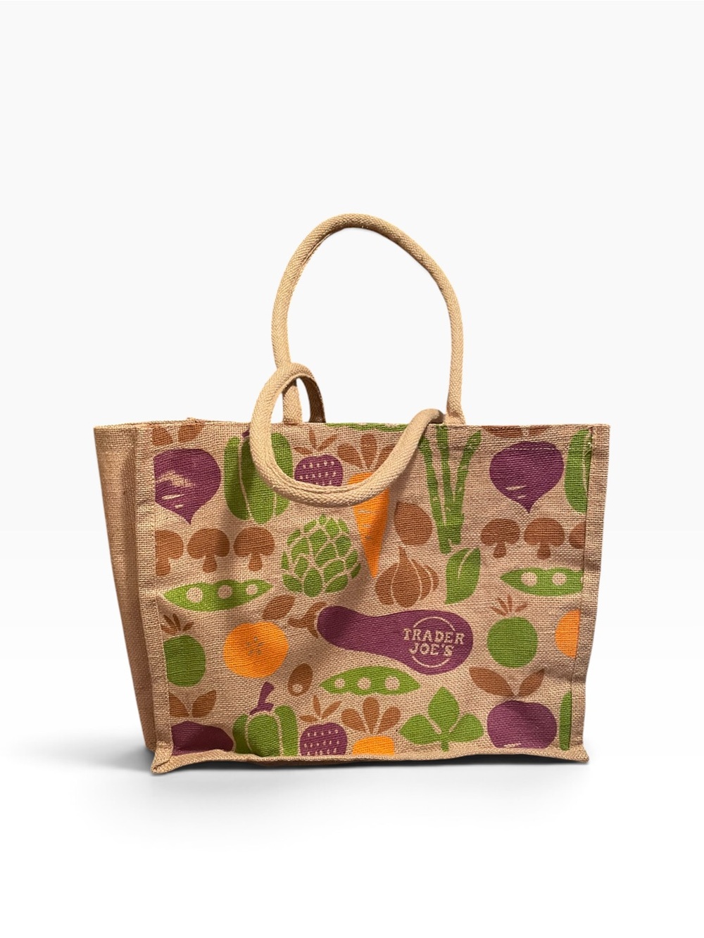 Trader Joe's Vegetable Print Jute Tote Bag NWOT - Picture 2 of 4